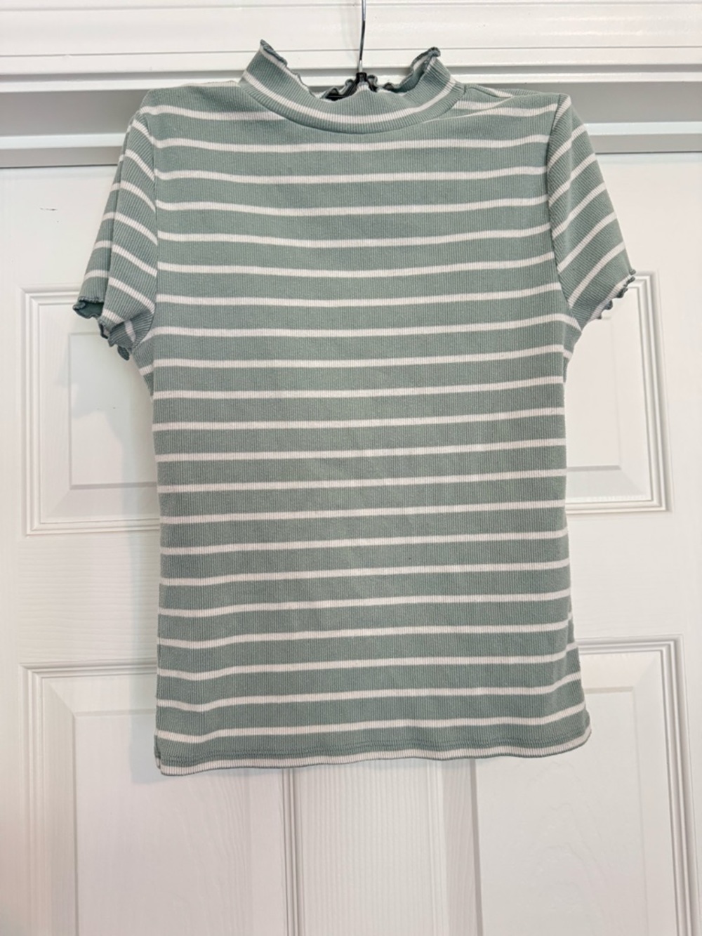 Striped Mock Neck Short Sleeve Top - Sage Green & White